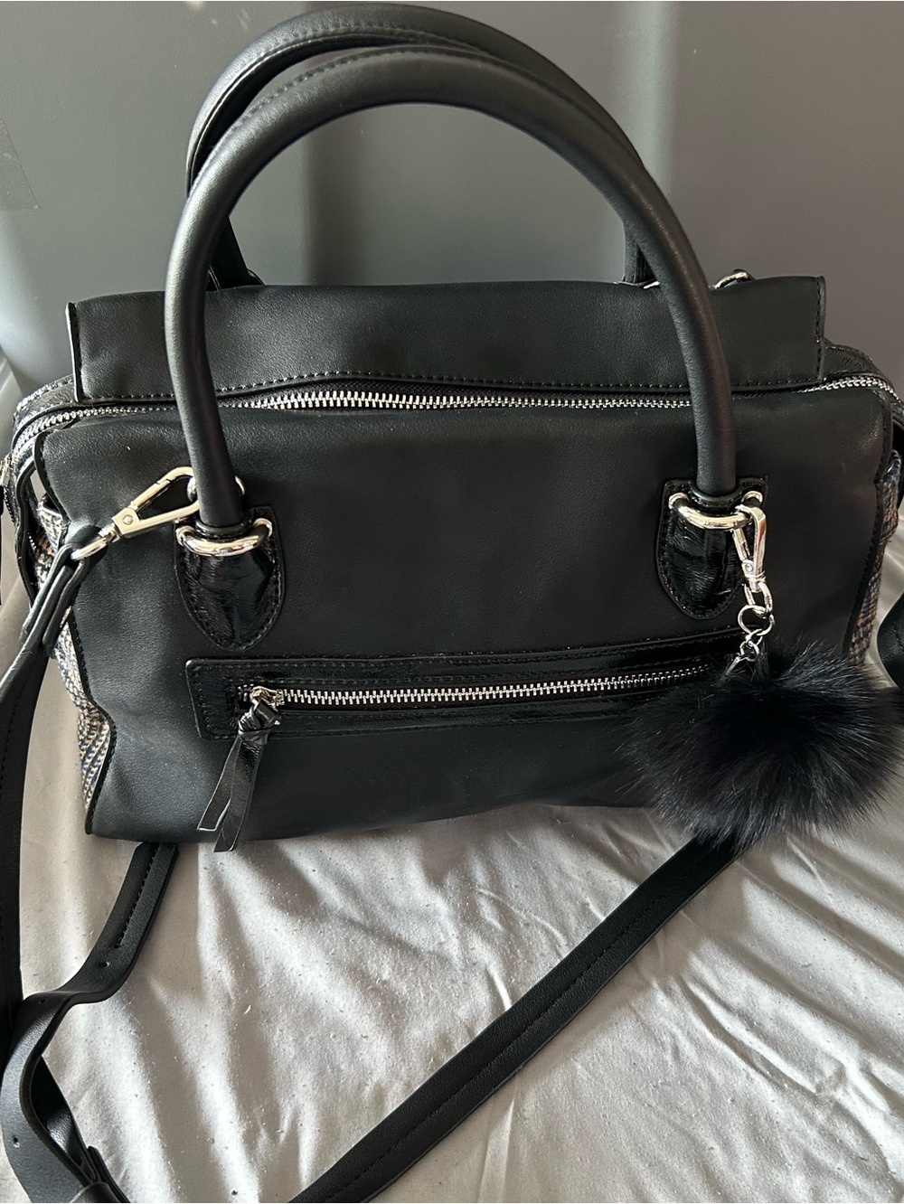 Stylish Black Faux Leather Satchel with Fur Pom Charm